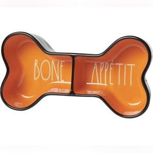 Rae Dunn 2 Section "Bone Appetit" Orange & Black Pet Bowl NIB